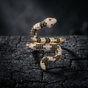 14K Solid Gold Snake Ring, Black and White Moissanite Serpent Ring, Ruby Eye Coiled Statement Ring, Gothic Eternity Wrap Band, Animal Ring