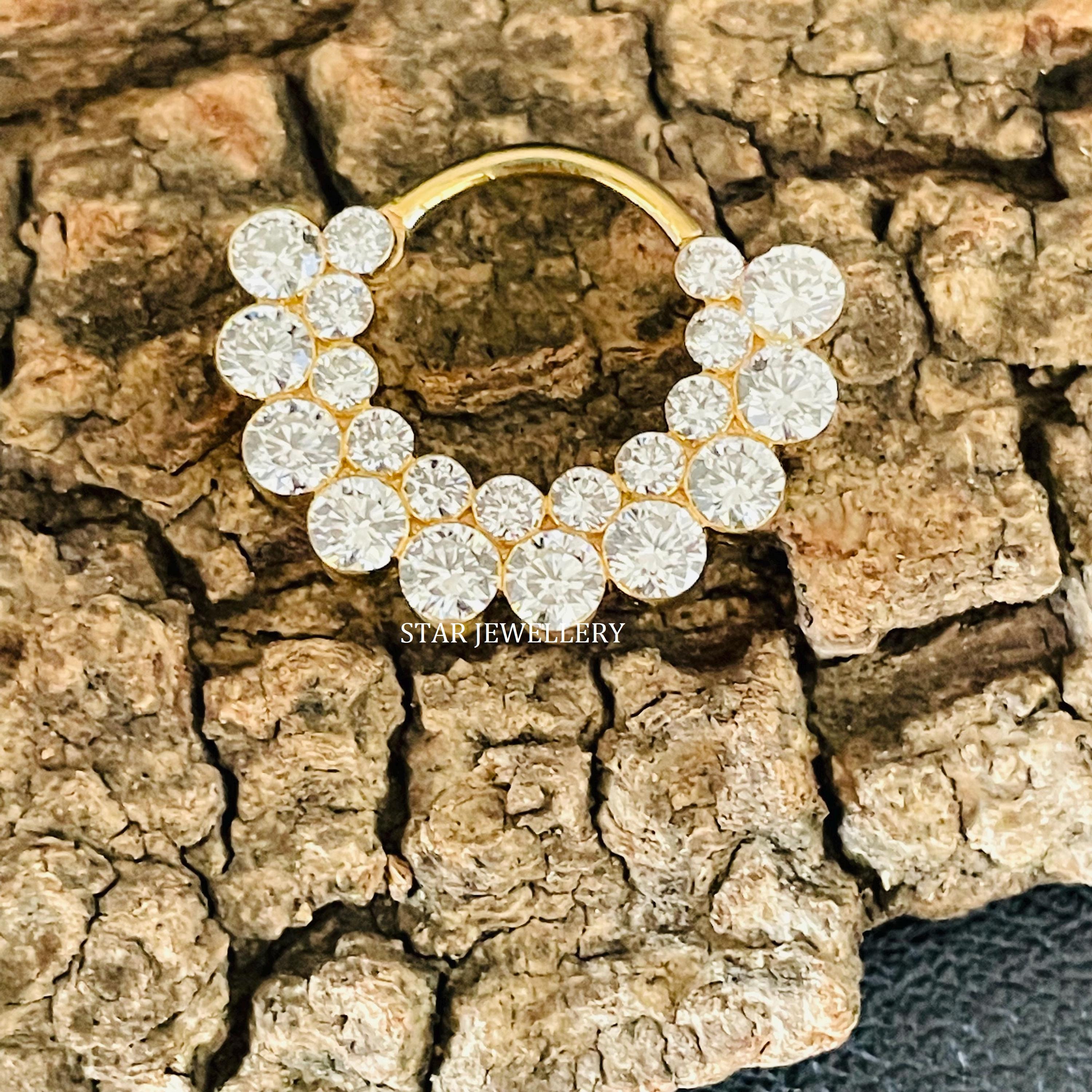 14K Solid Gold Invisible Set Natural Diamond Double Row Daith Clicker, Solid Gold Natural Diamond Apsara Hoop Piercing for her, Bridal Daith