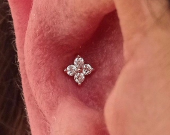 ◆STONEHENgE◆ DAL 14K Diamond Piercing M0786D Single 4 Stone Genuine Diamond Stud, 14K Gold Earring, Nose Tragus