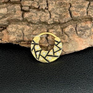 14K Gold Diamond Septum Clicker: Black Enamel Crescent Piercing