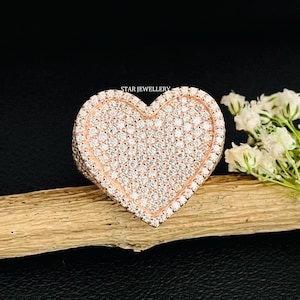 VVS Moissanite Iced out Heart Ring with 925 Sterling Silver, Unisex VVS Moissanite Heart Ring for her, 10K Gold Plated Heart Ring for him