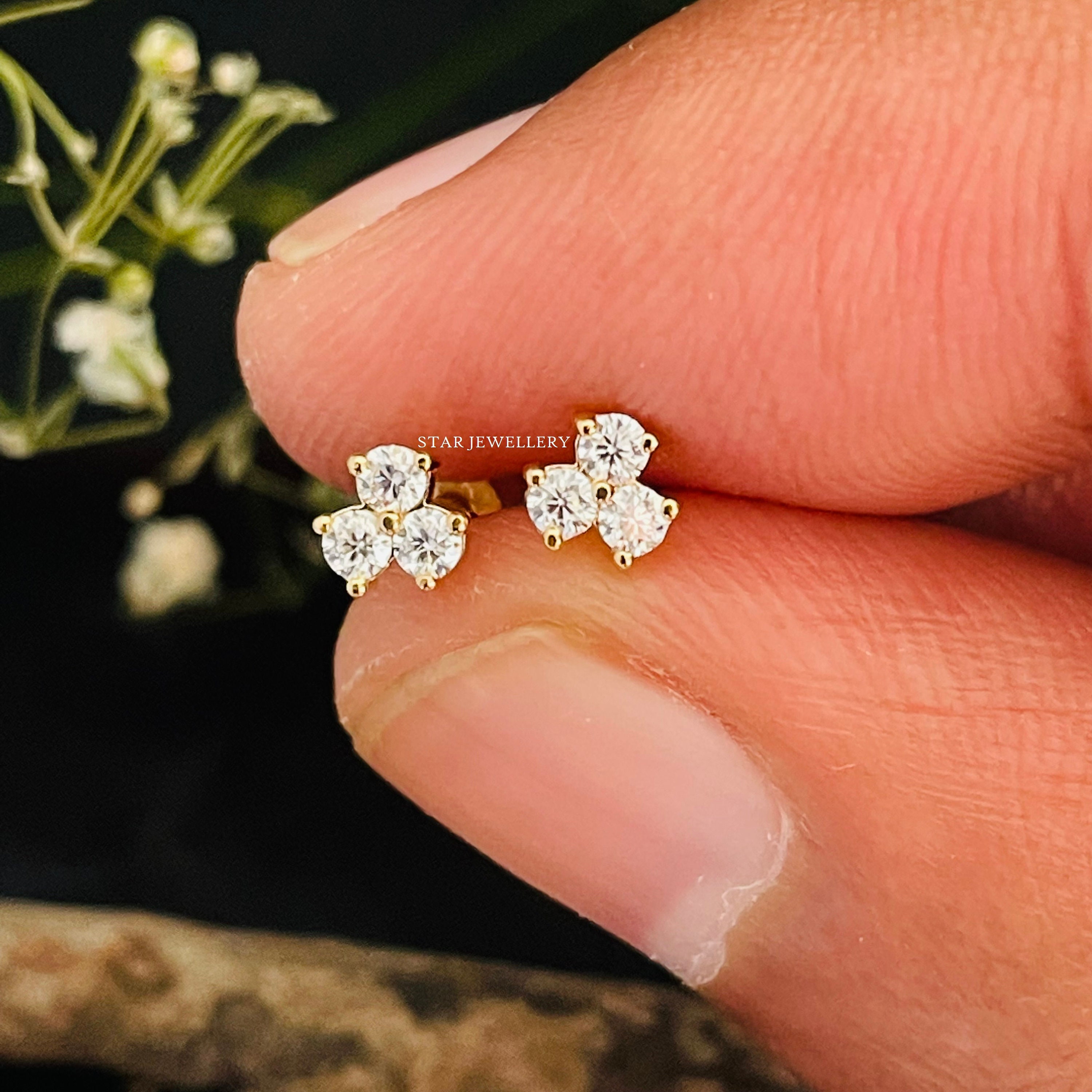 3 Stone Genuine Diamond Stud, 14K Gold Earring, Nose Tragus 3 Stone Genuine Diamond Stud, 14K Gold Earring, Nose Tragus