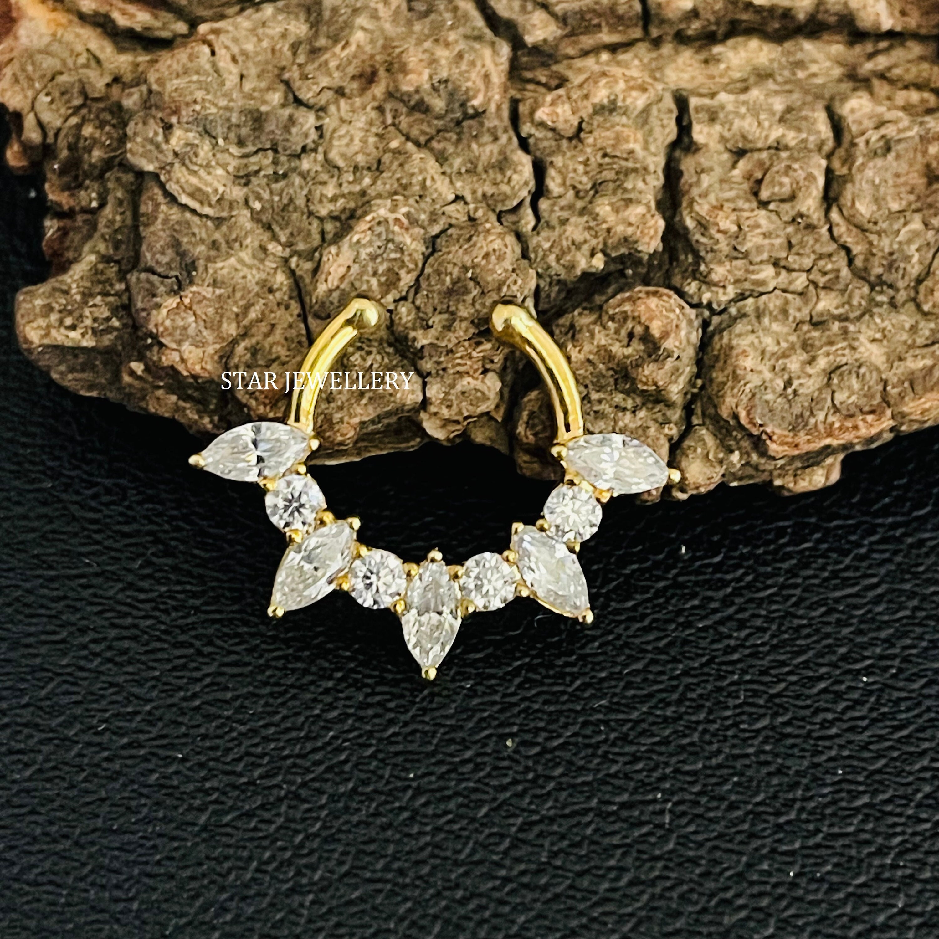 14K Gold Diamond Fake Septum Ring: Marquise Daith Clicker