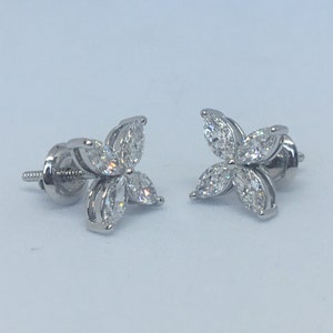 Moissanite Clover Earrings: 14k Solid Gold Marquise Cut