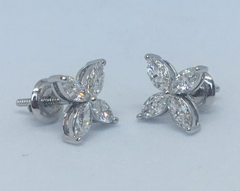 2.0 Ct Marquise Cut Moissanite Four Leaf Clover Earrings, 14k Solid Gold Diamond Clover Earrings, 2.0 Ct Moissanite Marquise Clover Earring