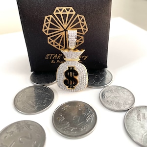 Ciondolo a forma di sacco porta soldi con diamanti, ciondolo a forma di sacco porta soldi in argento con moissanite, ciondolo a forma di sacco porta soldi con moissanite personalizzato, ciondolo a forma di sacco porta soldi in oro massiccio 10K