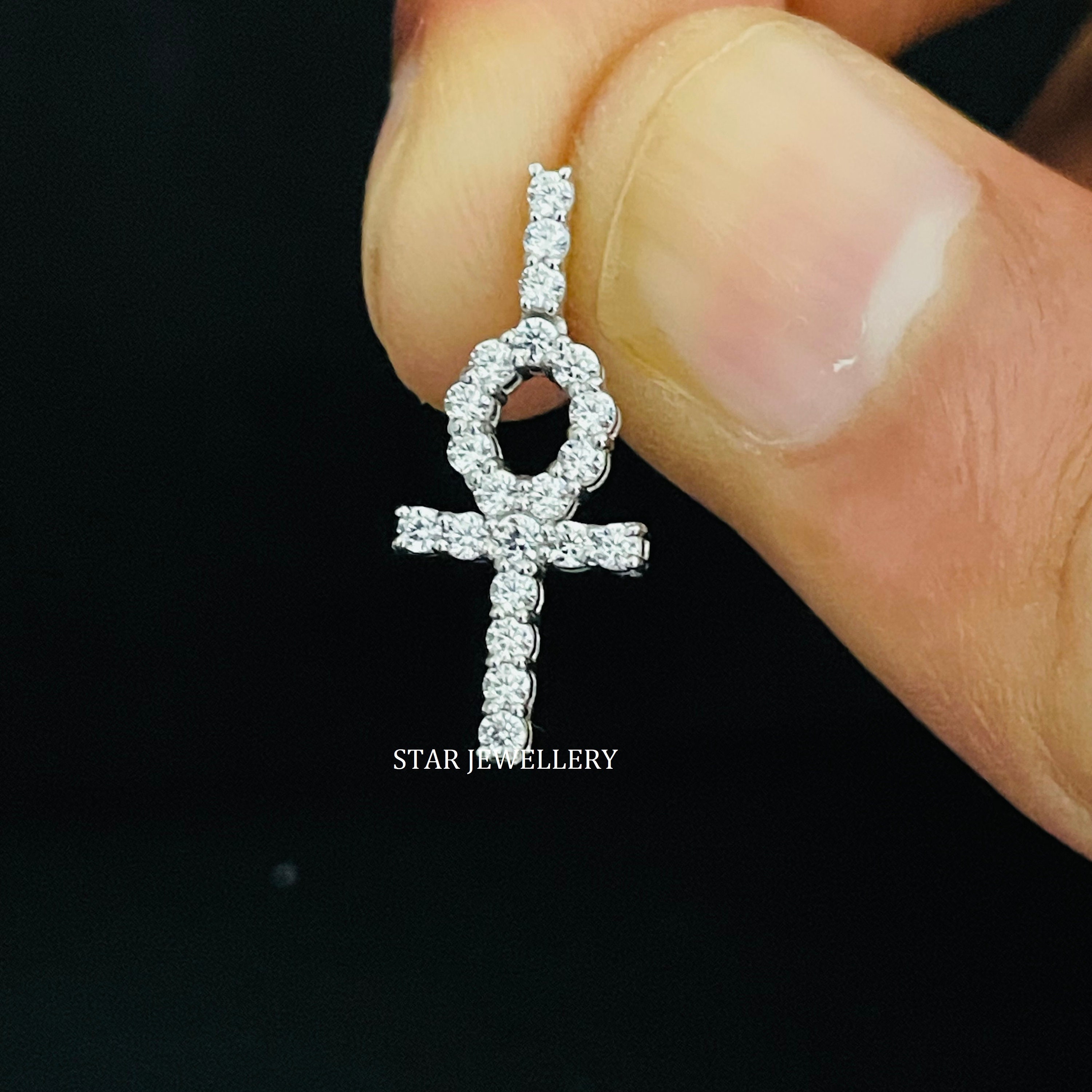 Natural Diamond Ankh Cross Pendant, 14K Solid Gold Ankh