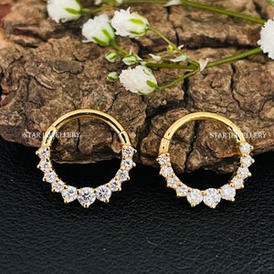 Anello al naso con setto di diamanti in oro 14k, piercing Daith con diamante naturale, piercing Daith con diamante Clicker, orecchino con diamante Daith, setto Clicker