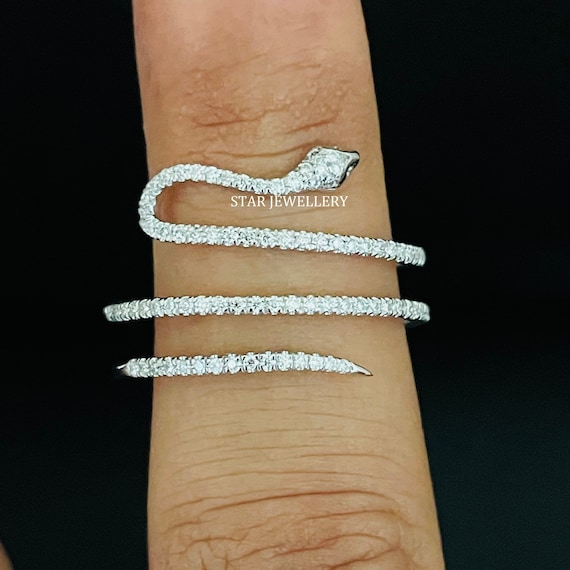 Diamond Snake Ring: 0.41 Ct Round Cut 14K Solid Gold Reptile Jewelry