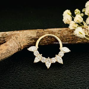 Natural Diamond 14K Solid Gold Daith Piercing, 14K Solid Gold Marquise Diamond Septum Nose Ring, Marquise Diamond Septum Clicker for her