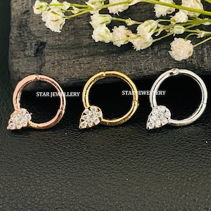 Piercing de septo com clicker em formato de pera e diamante CZ em prata esterlina 925, argola de nariz Daith em prata com microcravação de diamante CZ, hélice, 14g, 16g, 18g