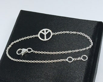 Diamond Peace Sign Bracelet: 14K Gold Charm Bracelet