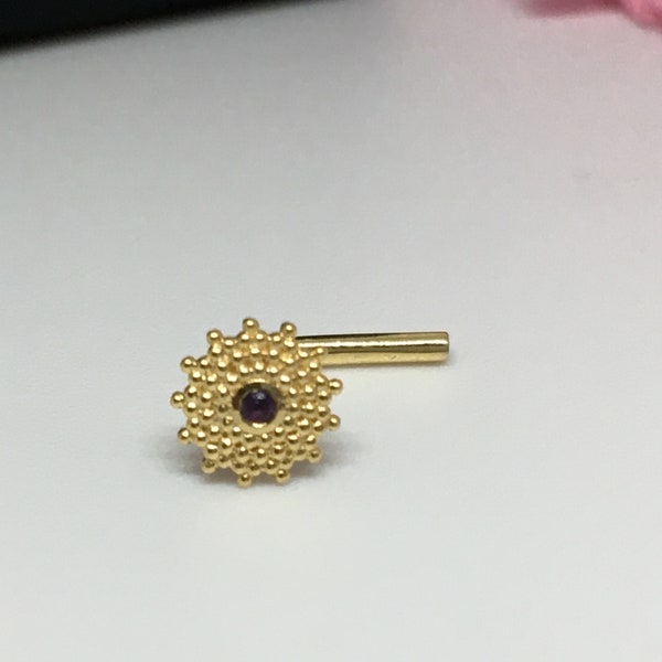 Genuine Gemstone Nose Tragus Lobe, Gemstone Miligrain Nose Piercing, 14K Gold Diamond Miligrain External Threaded Pin, Piercing Jewelry