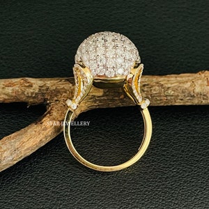 14K Gold Pave Diamond Bead Ring: 3.19 Ct Round Cut Sphere