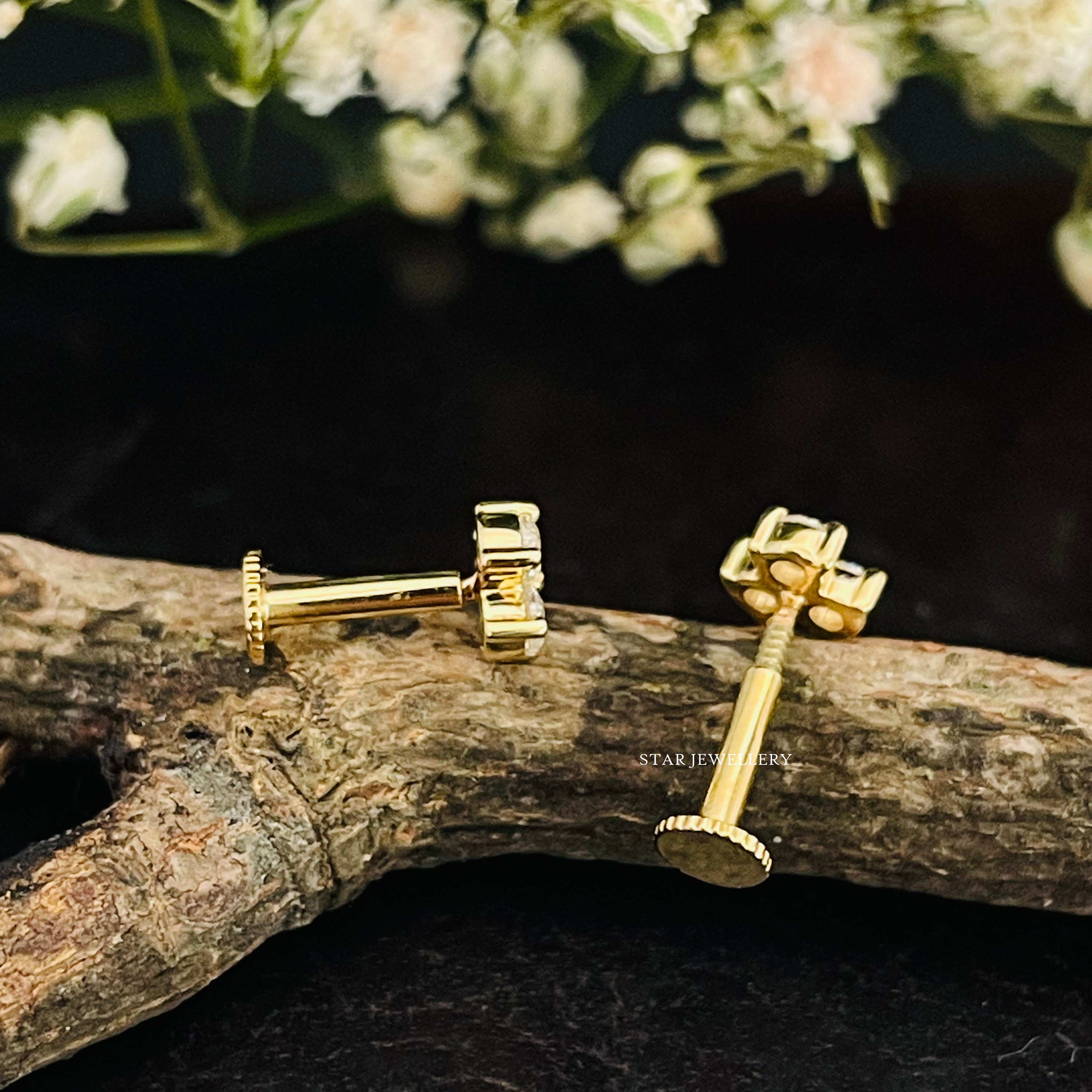 3 Stone Genuine Diamond Stud, 14K Gold Earring, Nose Tragus 3 Stone Genuine Diamond Stud, 14K Gold Earring, Nose Tragus