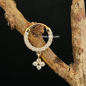 Natuurlijke diamanten bengelende septumoorbel, 14K massief gouden hangende septumpiercing, effenen set diamant massief gouden septumpiercing voor haar