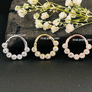 Piercing Clicker Daith Miligrain com bisel e diamante CZ em prata esterlina 925, piercing de septo nasal em prata e diamante, hélice, 14g, 16g, 18g Clicker