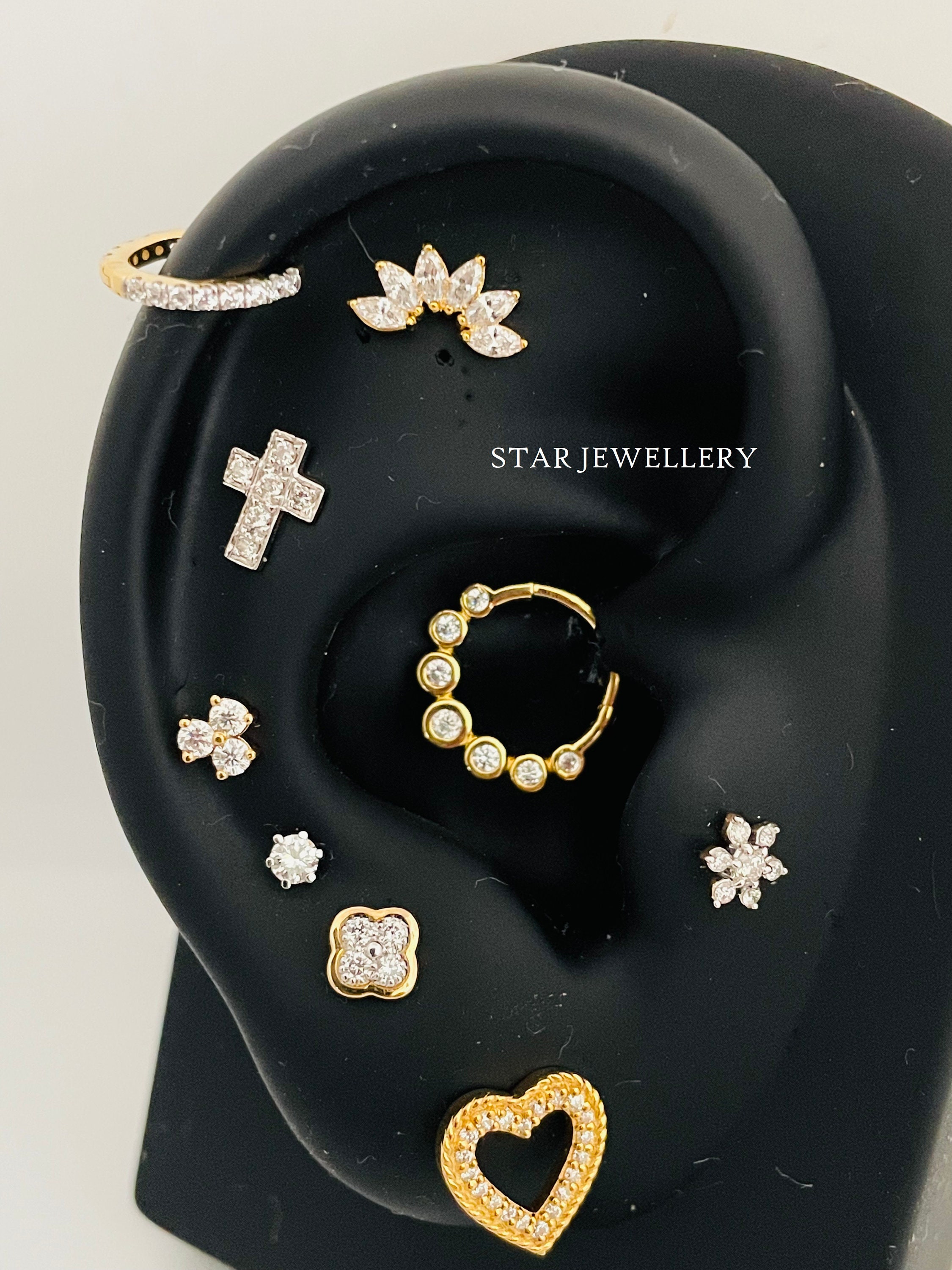 3 Stone Genuine Diamond Stud, 14K Gold Earring, Nose Tragus