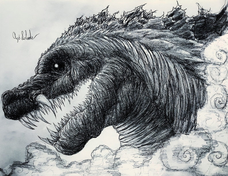 May include: A black and white pencil drawing of a monstrous creature with sharp teeth and claws, emerging from a cloud of smoke. The creature's eyes are glowing, and its expression is fierce.