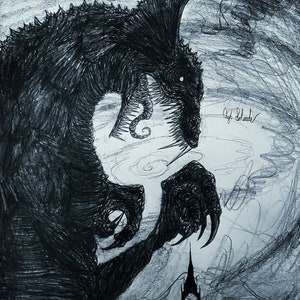 May include: A black and white pencil drawing of a monstrous creature with sharp teeth and claws, looming over a clock tower. The creature appears to be emerging from a dark, stormy sky.
