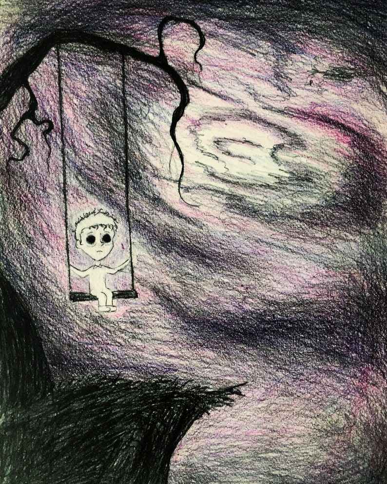 Puede incluir: Un dibujo en blanco y negro de un ni&ntilde;o sentado en un columpio en un cielo oscuro y arremolinado. El ni&ntilde;o tiene ojos grandes y una expresi&oacute;n preocupada. El cielo est&aacute; lleno de nubes arremolinadas y una luna brillante.
