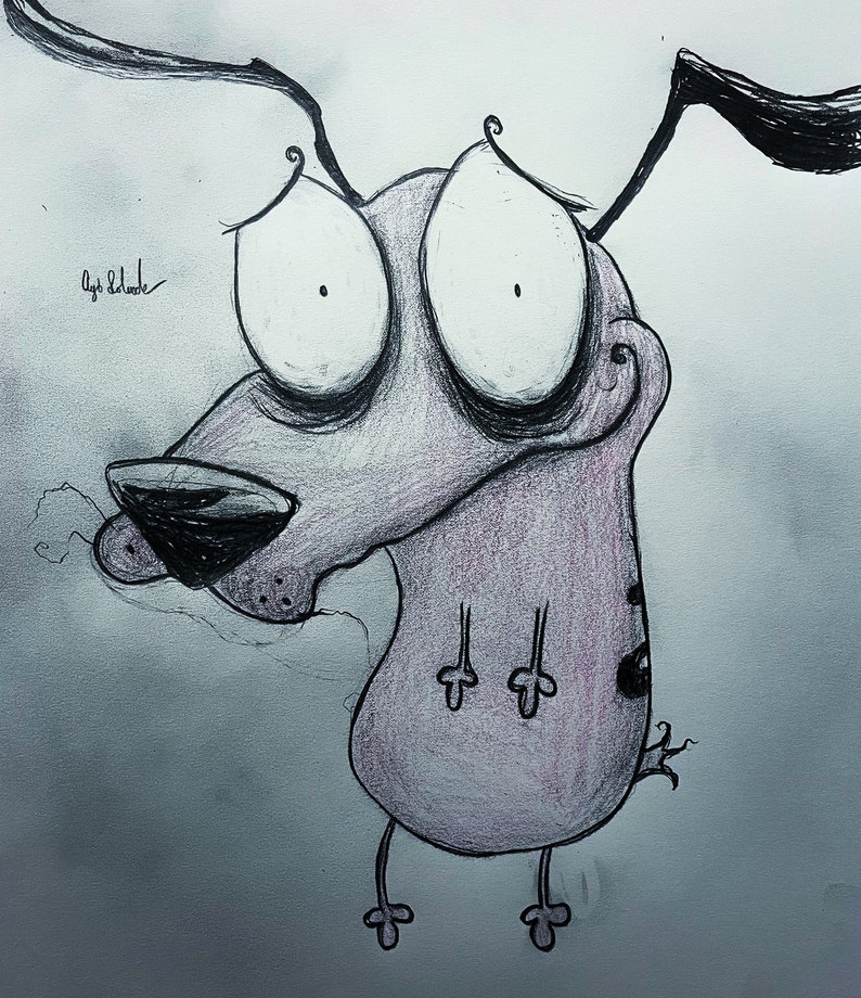 May include: A black and white pencil drawing of a cartoon dog with large eyes and a worried expression. The dog is pink and has a black nose and ears. The drawing is on a white background.