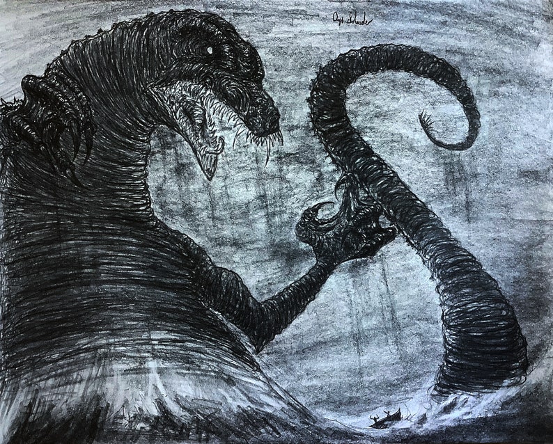 May include: A black and white pencil drawing of a monstrous creature with a long, curled tail. The creature has sharp teeth and claws, and its eyes are glowing. The drawing is set against a dark, stormy background.