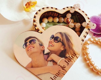 Heart shaped box wood, Personalized photo wooden jewelry box, ring box, Ring box, Ring bearer box personalized gifts for mom.