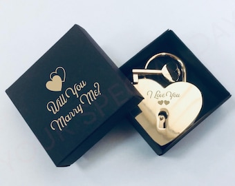 Engraved Gold Heart Lock, Personalized Wedding Gift Box