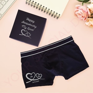 Personalisierte Boxer zum 2. Jahrestag aus Baumwolle, individuelles Baumwollgeschenk zum 2. Jahrestag für Ehemann mit Hochzeitsdatum, personalisierte Boxer.