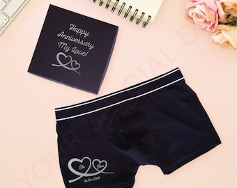 Boxers personalizados de aniversario de algodón de 2 años, regalo de algodón personalizado del segundo aniversario para el esposo con fecha de boda, boxers personalizados.