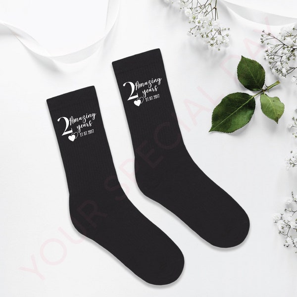 Calcetines personalizados de aniversario de algodón de 2 años, regalo de algodón personalizado del segundo aniversario para el esposo con fecha de boda, calcetines personalizados.
