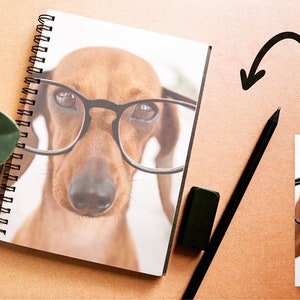 Puede incluir: Un cuaderno con espiral con un perro salchicha con gafas. La imagen está sobre un fondo claro con un lápiz, una goma de borrar y una pequeña planta. Una imagen más pequeña del perro está en la esquina con el texto "Your photo here".