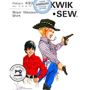 PDF INSTANT DOWNLOAD: 70s Boy's Western Shirt with Shaped Front & Back Yokes, Chest 23 1/2-28 1/4, Kwik Sew 492, Sewing Pattern Reproduction