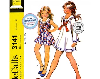 DESCARGA INMEDIATA EN PDF: Vestido de marinera para niña de los años 70, talla 10 (contorno de pecho: 72,5 cm), McCall's 3141, reproducción de patrón de costura vintage