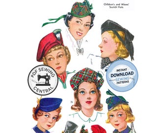 Descarga digital en PDF: Gorras y boinas escocesas tradicionales de los años 30 para mujer, talla 23 (58,4 cm), McCall 741, reproducción del patrón de costura vintage