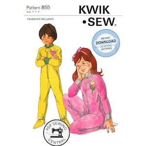 PDF Digital Download: 70s Girls' Coverall Sleeper, Sizes 4 to 8 Chest 23 to 27, Kwik Sew 855, Vintage Sewing Pattern Reproduction