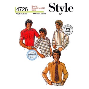 May include: Vintage sewing pattern featuring illustrations of men's shirts in various styles. The pattern includes a size 34, with a chest measurement of 34 inches. The word "Style" is displayed prominently.