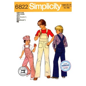 May include: Simplicity pattern 6822 featuring three children in overalls. The pattern includes two sizes, with waist measurements of 21.5 and 22 inches. The image includes the text "PDF Sewing Central" and "Instant Download Sewing Patterns."