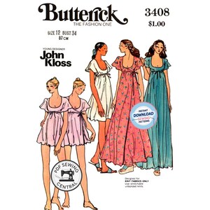 Op de afbeelding: Vintage Butterick naaipatroon met illustraties van damesjurken. Het patroon bevat de tekst "John Kloss" en "Maat 12 Borstomvang 87 cm". De afbeelding bevat ook de tekst "Direct downloaden naaipatronen".