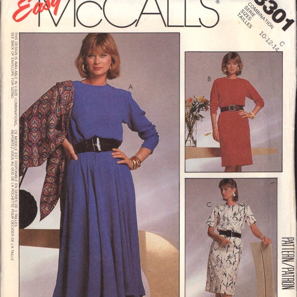 McCall's 3301 Jewel Neckline Dress with Circular or Straight Skirt, Long or Short Sleeves and Shawl, Sewing Pattern Size 10-14