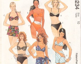 Simplicity 8234 Sewing Pattern, Misses' Two-Piece Swimsuit and Sarong, Size 10, Cut, Complete