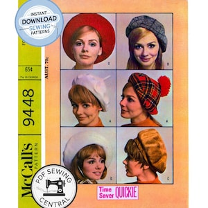 PDF Digital Download: 60s Lined Beret Hats in Four Styles, Adjustable One Size, McCall's 9448, Vintage Sewing Pattern Reproduction