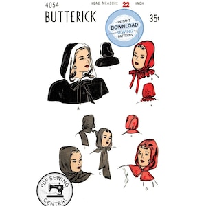 PDF Digital Nedladdning: 40-tals Huvor i fyra stilar, Storlek 22" (56 cm) Butterick 4054, Reproduktion av Vintage Symönster