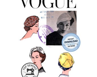 May include: Vintage Vogue sewing pattern featuring illustrations of stylish hats. The image includes the Vogue logo, pattern number, and text indicating instant download sewing patterns. The design is by Sally Victor.