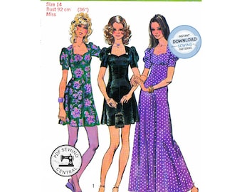 PDF de descarga instantánea: Vestido de los años 70 con escote corazón o cuadrado, busto 36 (92 cm), Simplicity 9779, reproducción de patrón de costura vintage.