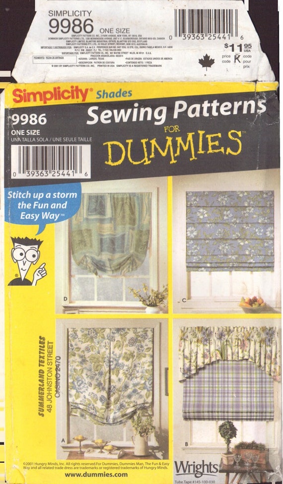Simplicity Sewing for Dummies Window Treatments Fabric Pattern New Unused  9986 