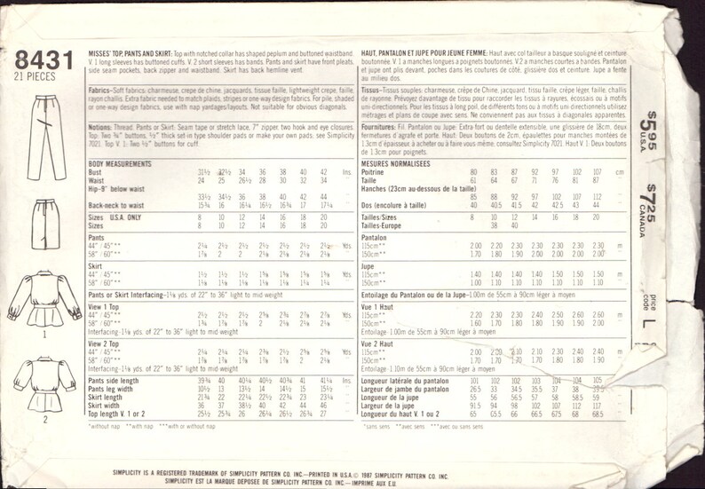 Simplicity 8431 Sewing Pattern Top Skirt Pants Size 10 or Size Etsy