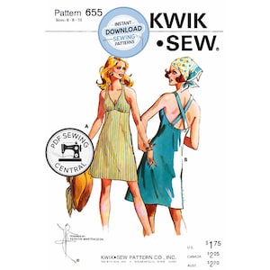 May include: Vintage Kwik Sew sewing pattern 655 featuring two women in dresses. One dress is green and white striped, the other is teal. The pattern includes the text "Instant Download Sewing Patterns" and "PDF Sewing Central."
