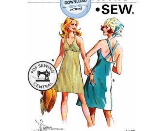 DESCARGA INMEDIATA EN PDF: Vestido de verano estilo años 70, corte en A, con cuello halter o espalda cruzada, busto de 82,5 cm a 90 cm, reproducción del patrón de costura Kwik Sew 655.